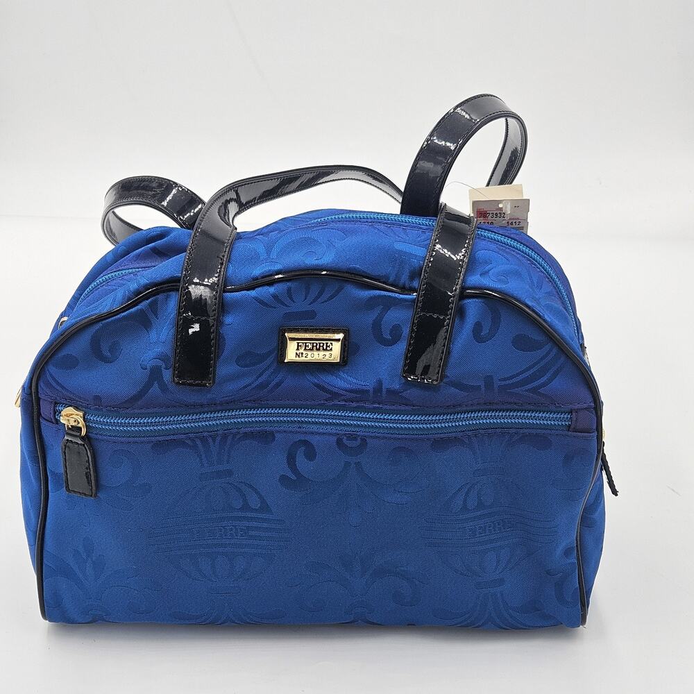 Gianfranco Ferre Royal Blue 90s Jaquard Floral Debossed Print Boston Satchel Bag